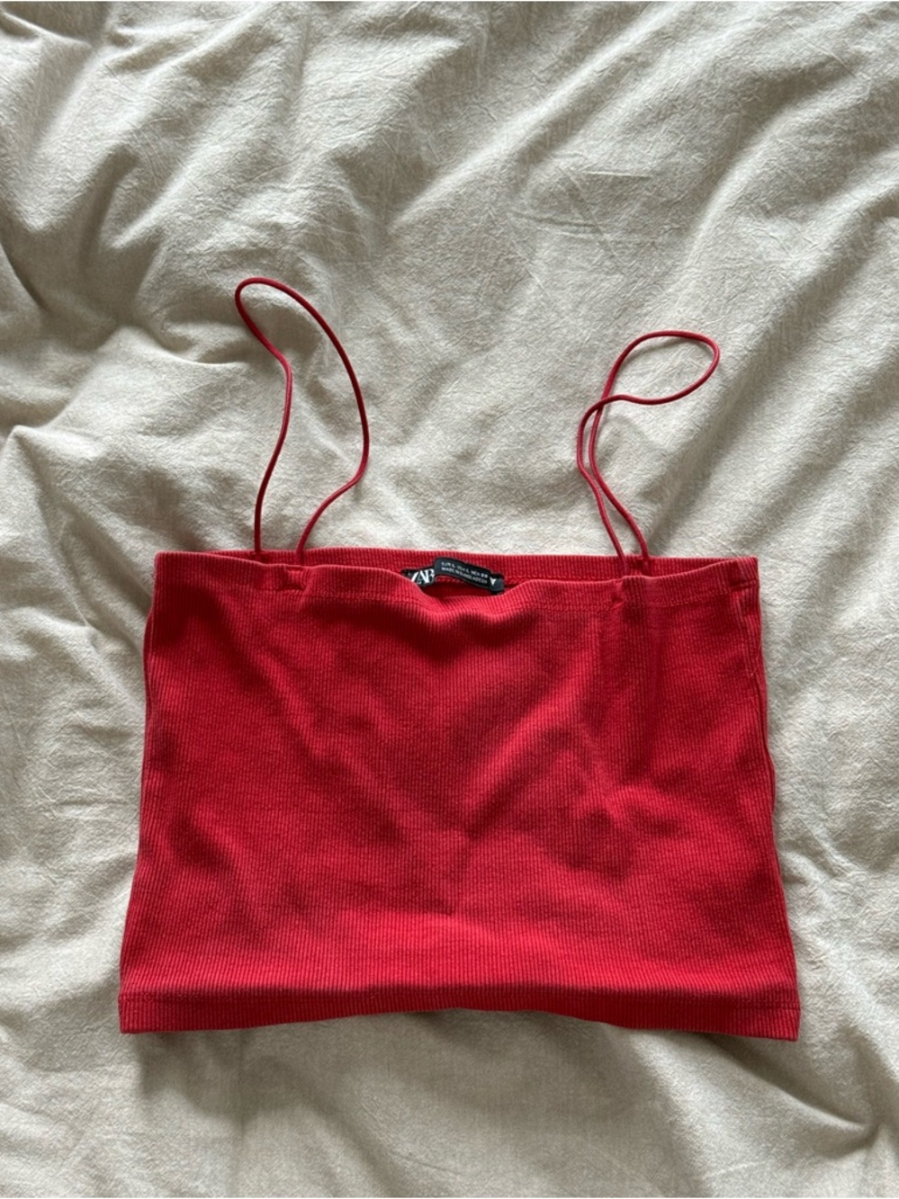 Zara Red Ribbed Spaghetti-Strap Crop Camisole